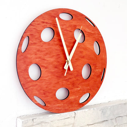 Pickleball Wall Clock, Handmade Wooden Sports Decor, 14 Inch Birch Plywood Clock, Silent Movement, Alder Stain, Unique Gift