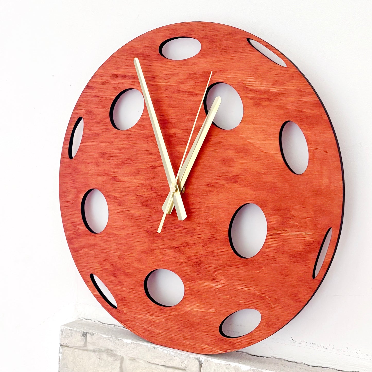 Pickleball Wall Clock, Handmade Wooden Sports Decor, 14 Inch Birch Plywood Clock, Silent Movement, Alder Stain, Unique Gift