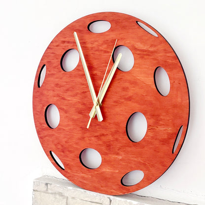Pickleball Wall Clock, Handmade Wooden Sports Decor, 14 Inch Birch Plywood Clock, Silent Movement, Alder Stain, Unique Gift