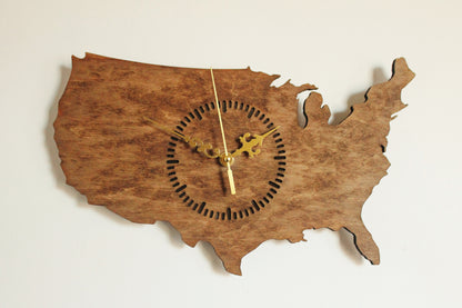 Wooden modern clock - United States of America - map - chestnat wood color - 350 mm - 13.8 inches - handmade clock - Silent clock mechanism