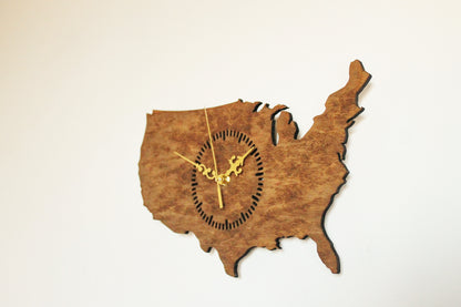 Wooden modern clock - United States of America - map - chestnat wood color - 350 mm - 13.8 inches - handmade clock - Silent clock mechanism