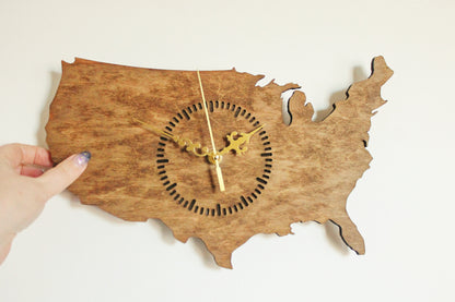 Wooden modern clock - United States of America - map - chestnat wood color - 350 mm - 13.8 inches - handmade clock - Silent clock mechanism