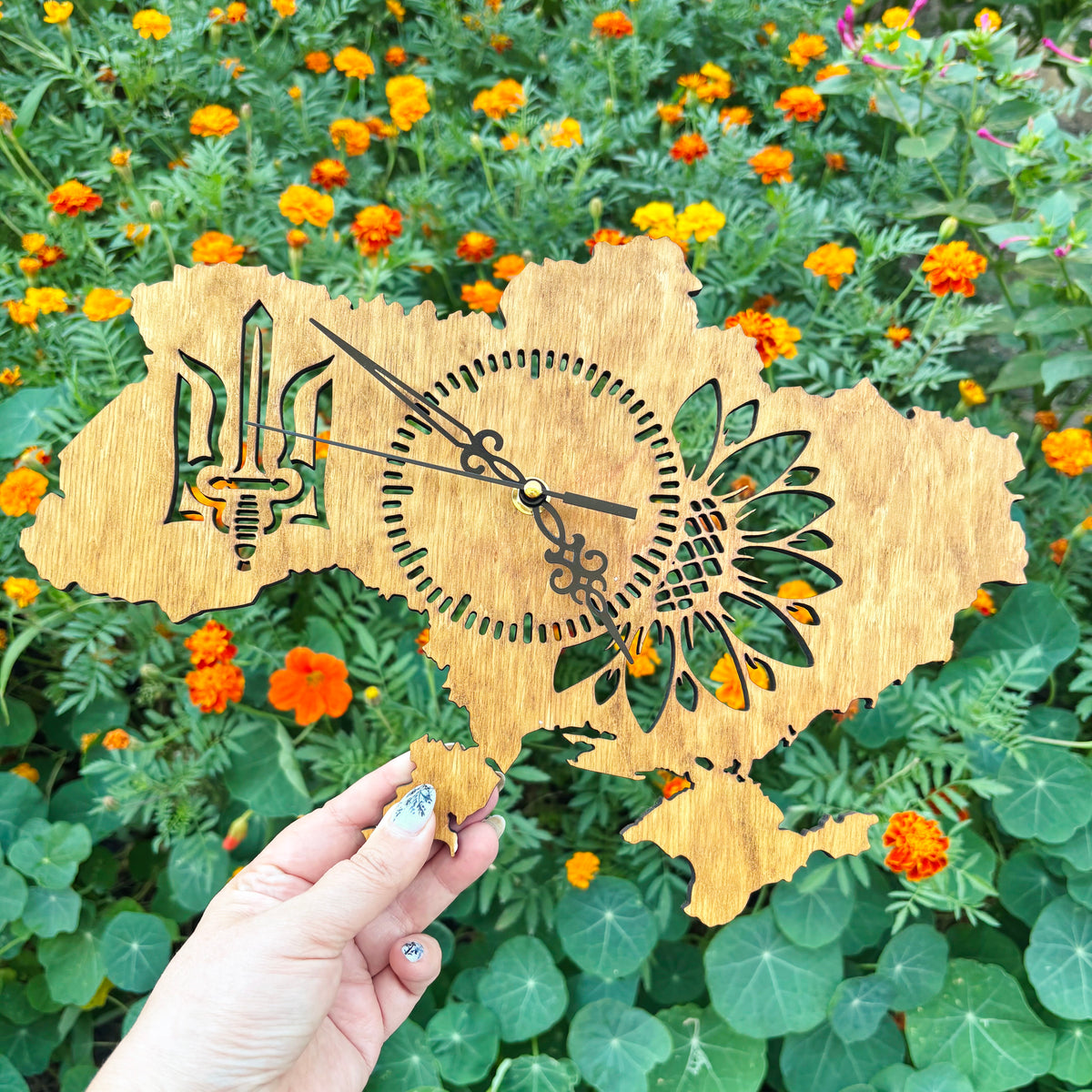 Ukraine Map Wall Clock, Handmade Birch Plywood, Walnut Finish, Sunflower and Tryzub Decor, 14 Inch Ukrainian Home Gift