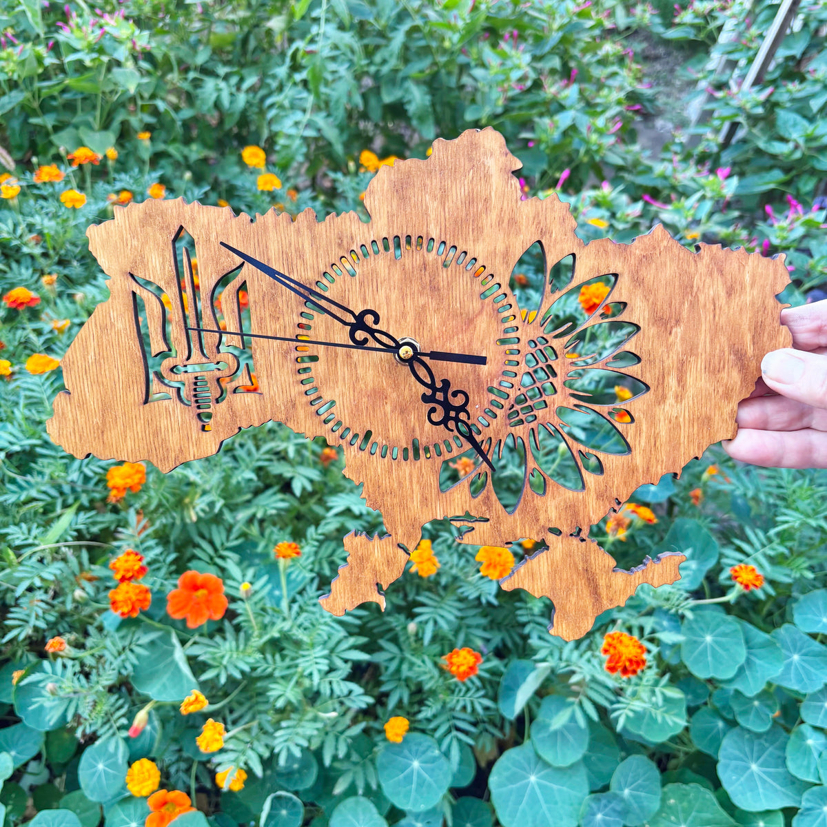 Ukraine Map Wall Clock, Handmade Birch Plywood, Walnut Finish, Sunflower and Tryzub Decor, 14 Inch Ukrainian Home Gift