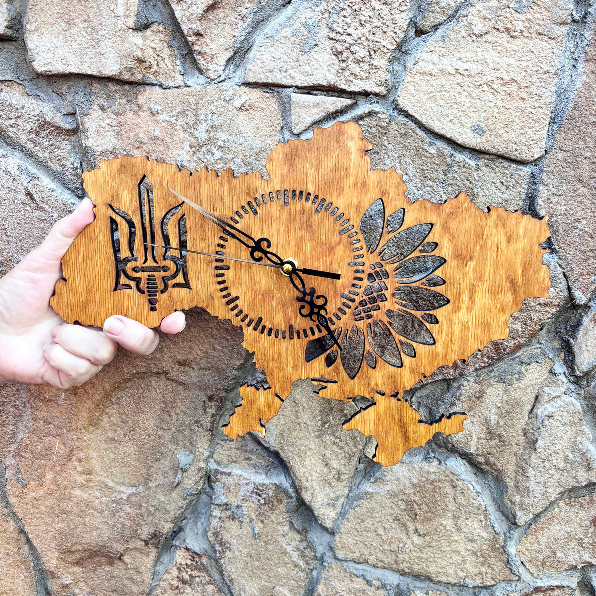 Ukraine Map Wall Clock, Handmade Birch Plywood, Walnut Finish, Sunflower and Tryzub Decor, 14 Inch Ukrainian Home Gift