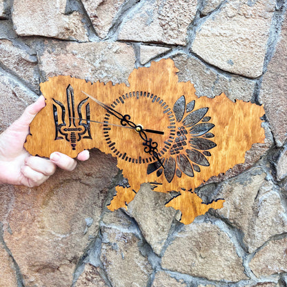 Ukraine Map Wall Clock, Handmade Birch Plywood, Walnut Finish, Sunflower and Tryzub Decor, 14 Inch Ukrainian Home Gift