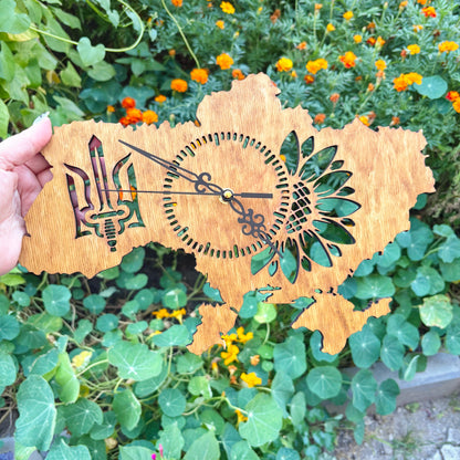 Ukraine Map Wall Clock, Handmade Birch Plywood, Walnut Finish, Sunflower and Tryzub Decor, 14 Inch Ukrainian Home Gift