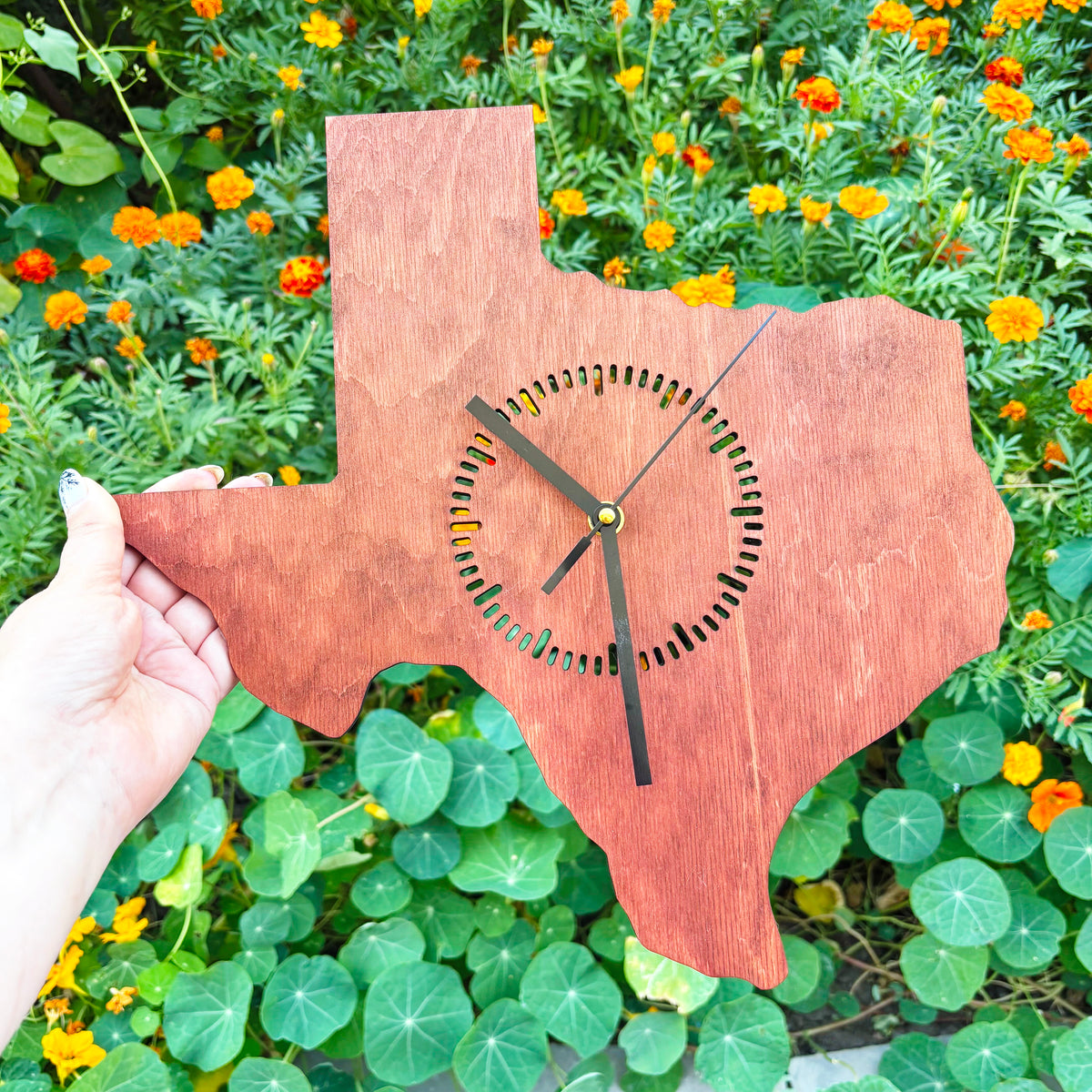 Texas Wall Clock, Handmade Wooden State Decor, Mahogany Birch Plywood, Rustic Western Home Art, Large 14 Inch Gift for Texas Lovers