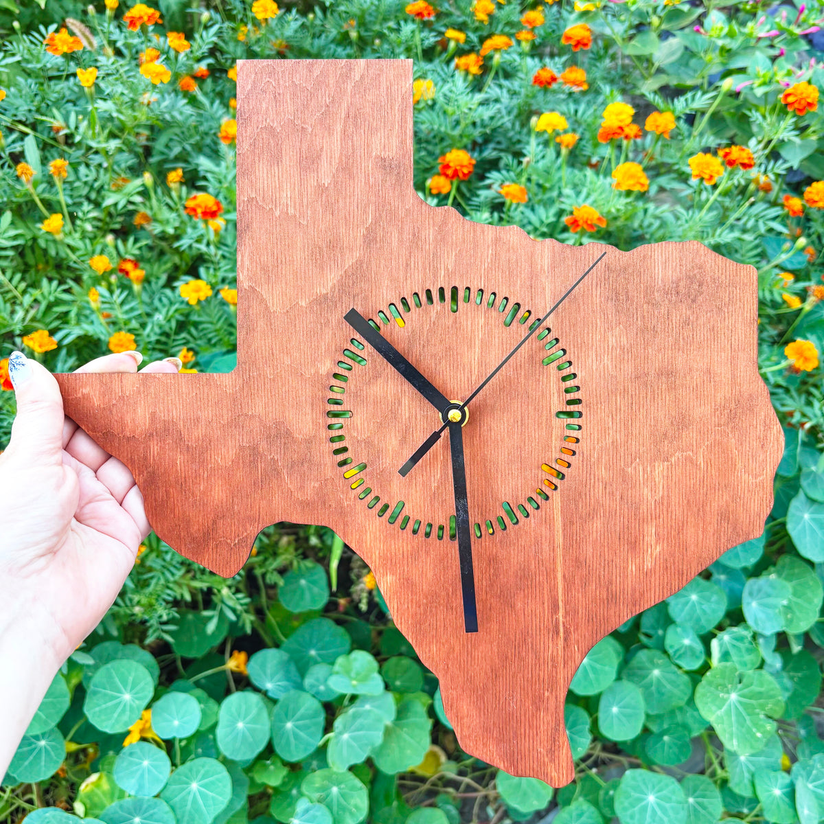 Texas Wall Clock, Handmade Wooden State Decor, Mahogany Birch Plywood, Rustic Western Home Art, Large 14 Inch Gift for Texas Lovers