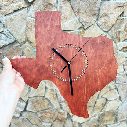 Texas Wall Clock, Handmade Wooden State Decor, Mahogany Birch Plywood, Rustic Western Home Art, Large 14 Inch Gift for Texas Lovers