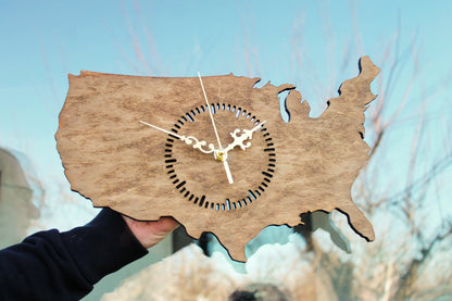 Wooden modern clock - United States of America - map - chestnat wood color - 350 mm - 13.8 inches - handmade clock - Silent clock mechanism