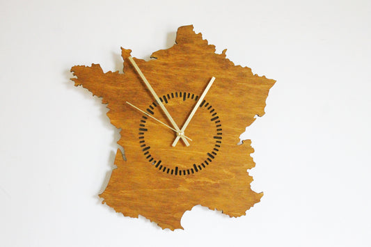 Wooden modern clock - France - map - chestnat wood color - 360 mm - 14 inches - handmade clock - Silent clock mechanism