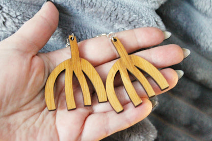 Wooden unique boho earrings - walnut color - 2.1 inches - with silver plated hooks - handmade earrings