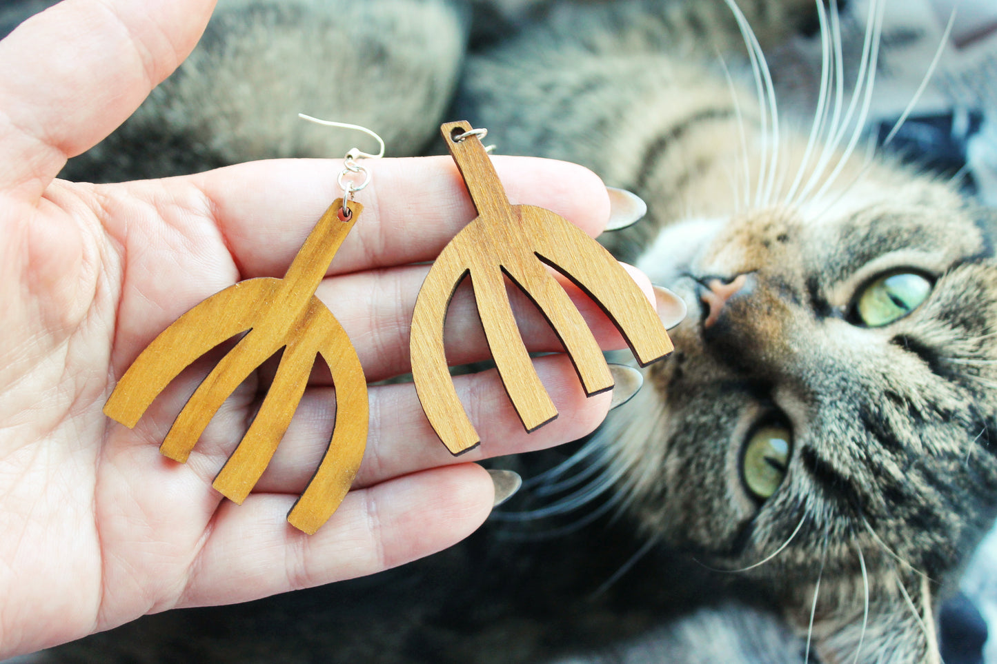 Wooden unique boho earrings - walnut color - 2.1 inches - with silver plated hooks - handmade earrings