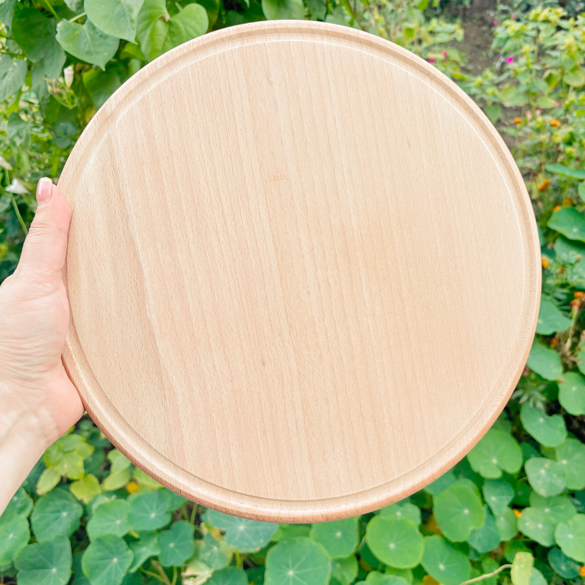 Unfinished Beech Wood Pizza Board 30 cm – Round Serving Platter with Raised Rim, Natural Wooden Kitchen Board