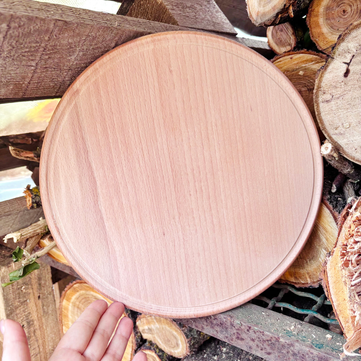 Unfinished Beech Wood Pizza Board 30 cm – Round Serving Platter with Raised Rim, Natural Wooden Kitchen Board