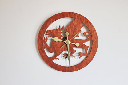 Wooden modern clock - Welsh Dragon - red wood color - 350 mm - 13.8 inches - handmade clock - Silent clock mechanism