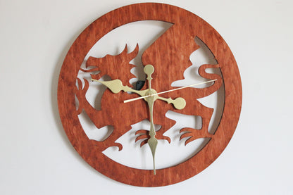 Wooden modern clock - Welsh Dragon - red wood color - 350 mm - 13.8 inches - handmade clock - Silent clock mechanism