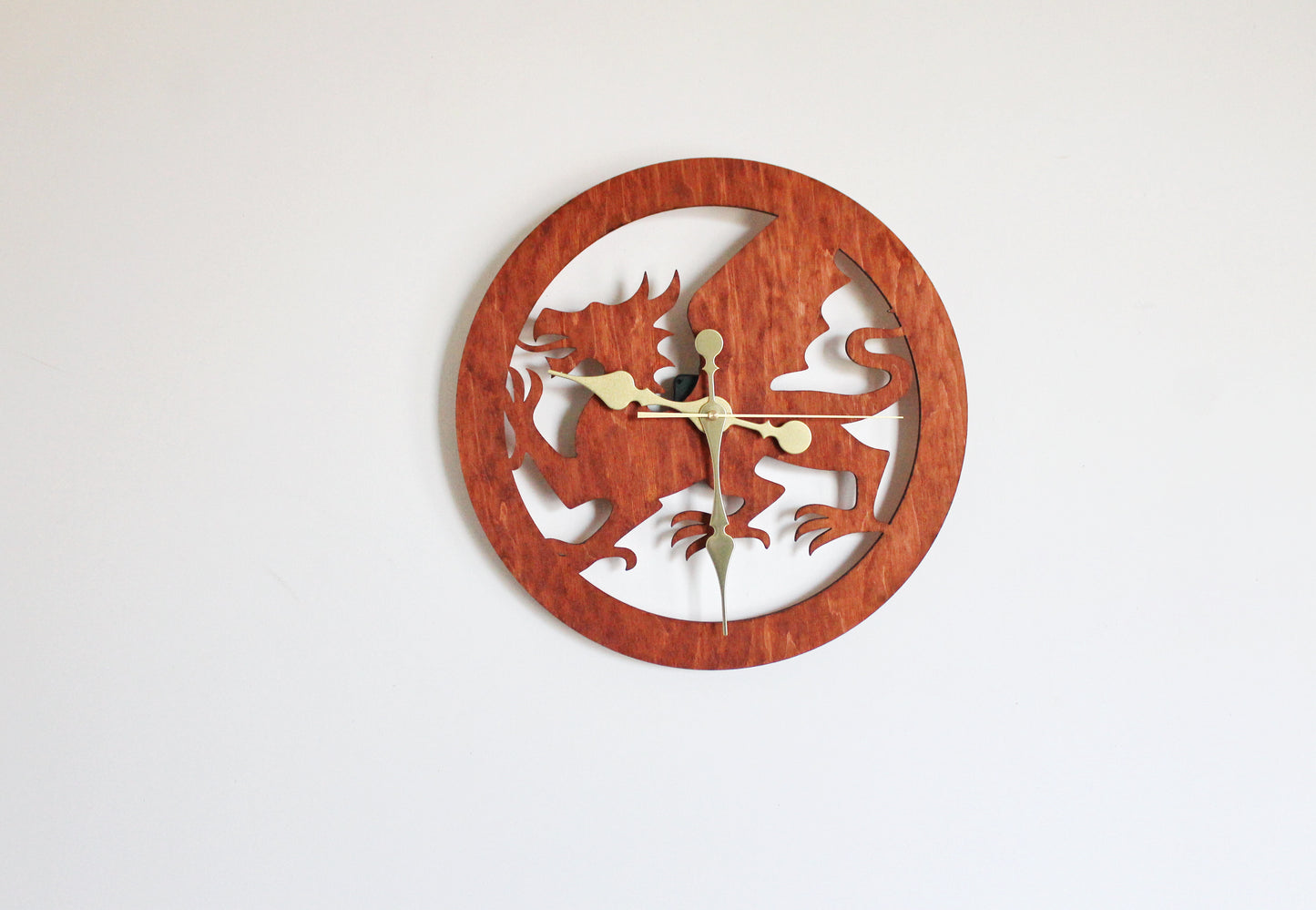 Wooden modern clock - Welsh Dragon - red wood color - 350 mm - 13.8 inches - handmade clock - Silent clock mechanism