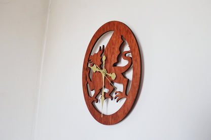 Wooden modern clock - Welsh Dragon - red wood color - 350 mm - 13.8 inches - handmade clock - Silent clock mechanism