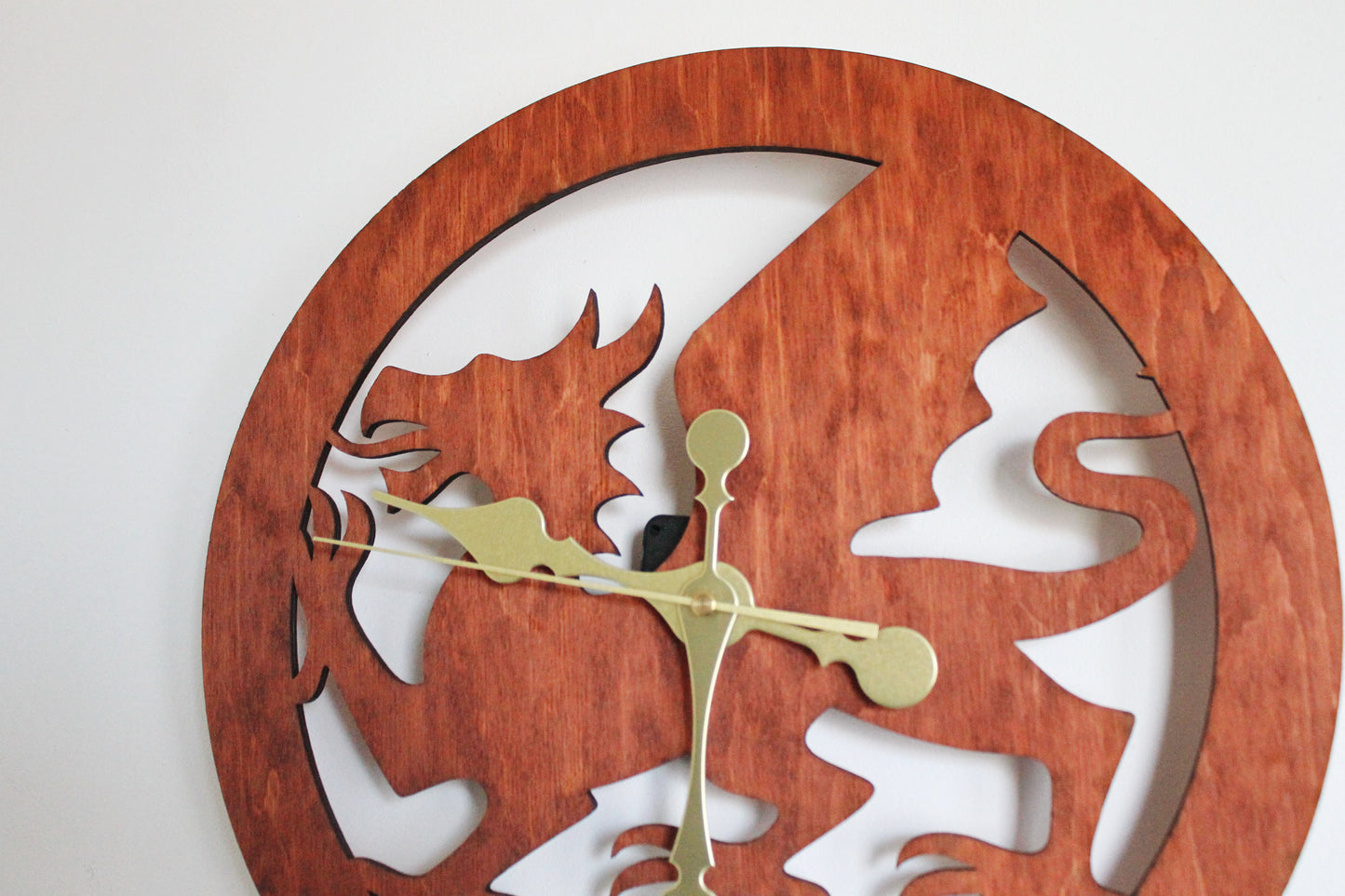 Wooden modern clock - Welsh Dragon - red wood color - 350 mm - 13.8 inches - handmade clock - Silent clock mechanism