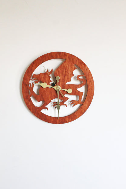 Wooden modern clock - Welsh Dragon - red wood color - 350 mm - 13.8 inches - handmade clock - Silent clock mechanism