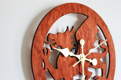 Wooden modern clock - Welsh Dragon - red wood color - 350 mm - 13.8 inches - handmade clock - Silent clock mechanism