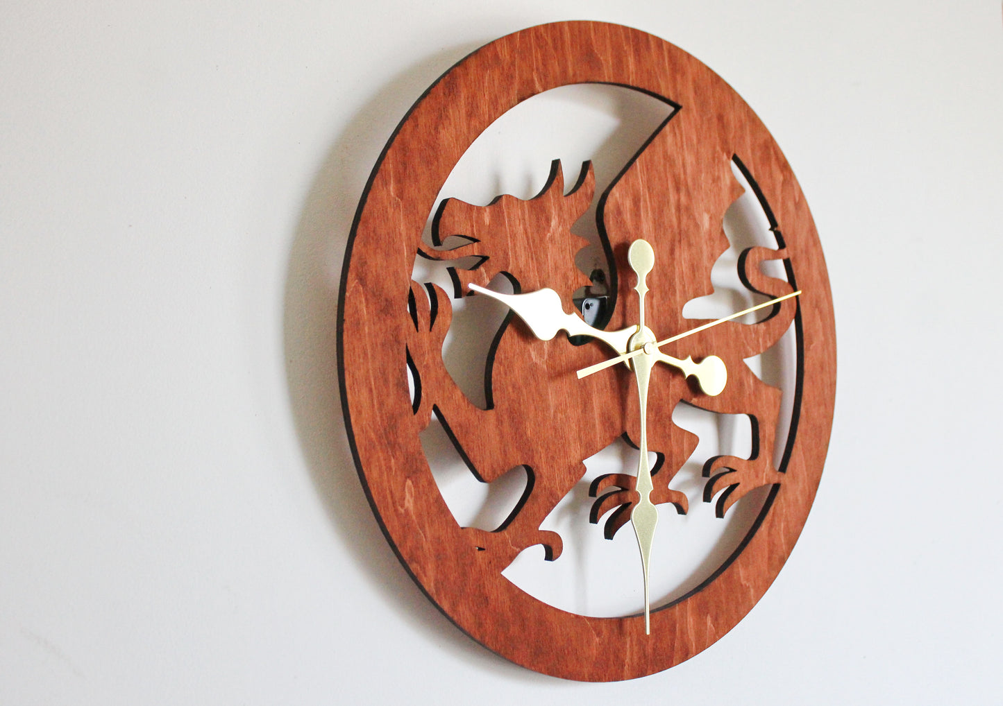 Wooden modern clock - Welsh Dragon - red wood color - 350 mm - 13.8 inches - handmade clock - Silent clock mechanism