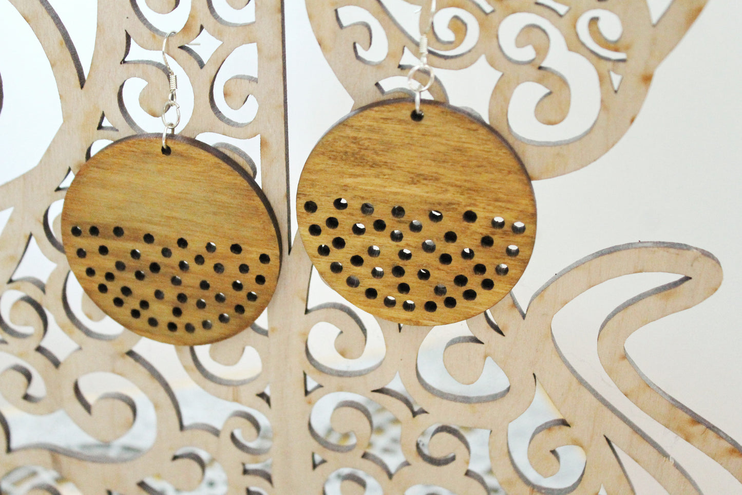 Wooden unique boho round earrings - walnut color - 2.1 inches - with silver plated hooks - handmade earrings