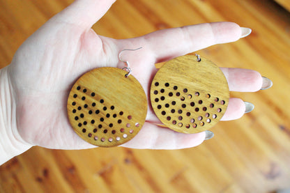 Wooden unique boho round earrings - walnut color - 2.1 inches - with silver plated hooks - handmade earrings