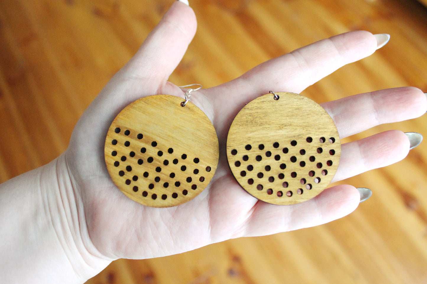 Wooden unique boho round earrings - walnut color - 2.1 inches - with silver plated hooks - handmade earrings