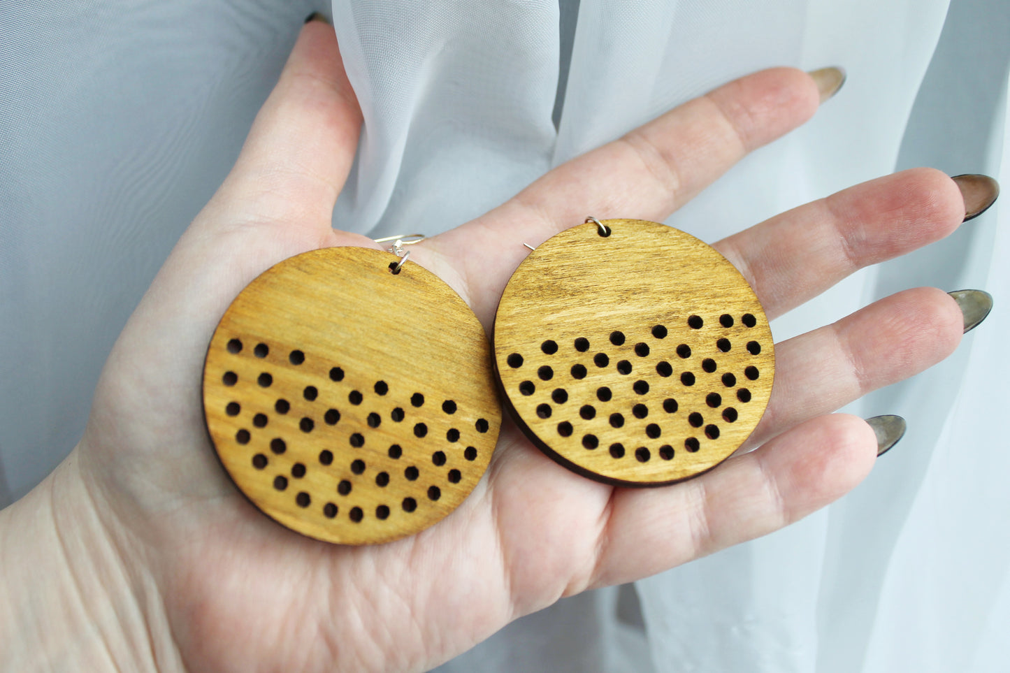 Wooden unique boho round earrings - walnut color - 2.1 inches - with silver plated hooks - handmade earrings