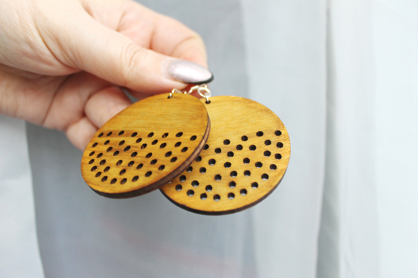 Wooden unique boho round earrings - walnut color - 2.1 inches - with silver plated hooks - handmade earrings