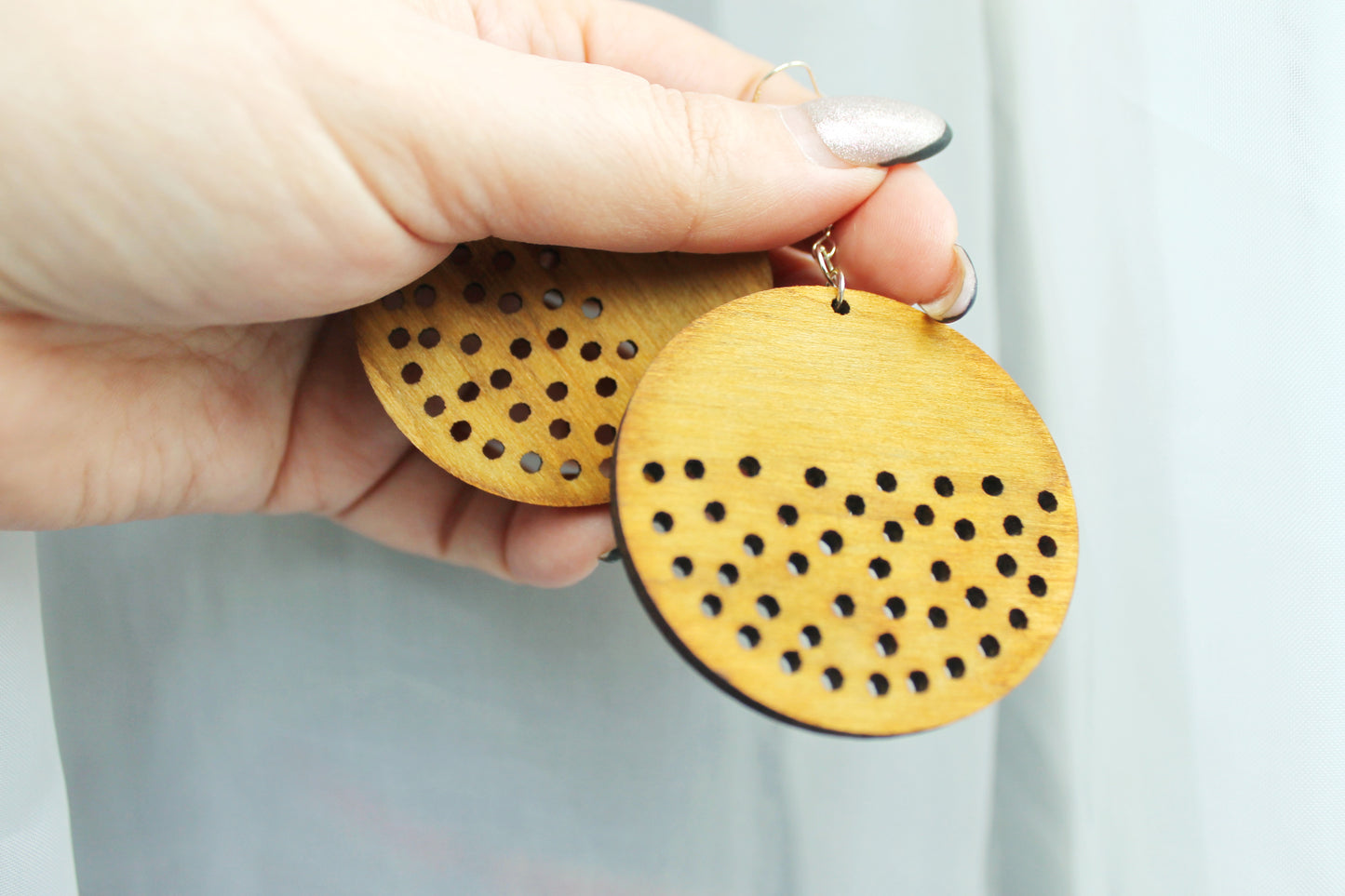 Wooden unique boho round earrings - walnut color - 2.1 inches - with silver plated hooks - handmade earrings