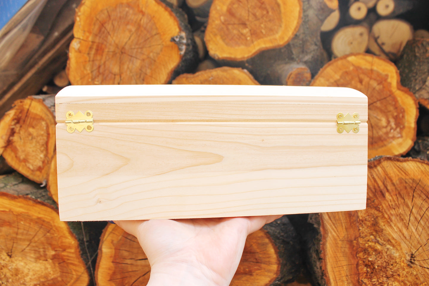 Big wooden rectangular box - unfinished wooden box - 300 mm - 11.6 inch - with lid on hinges - spruce wood