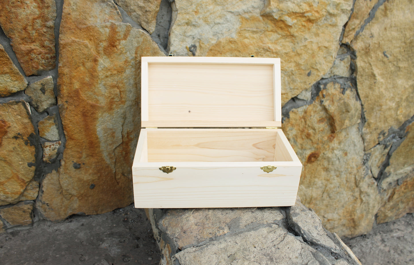 Big wooden rectangular box - unfinished wooden box - 300 mm - 11.6 inch - with lid on hinges - spruce wood