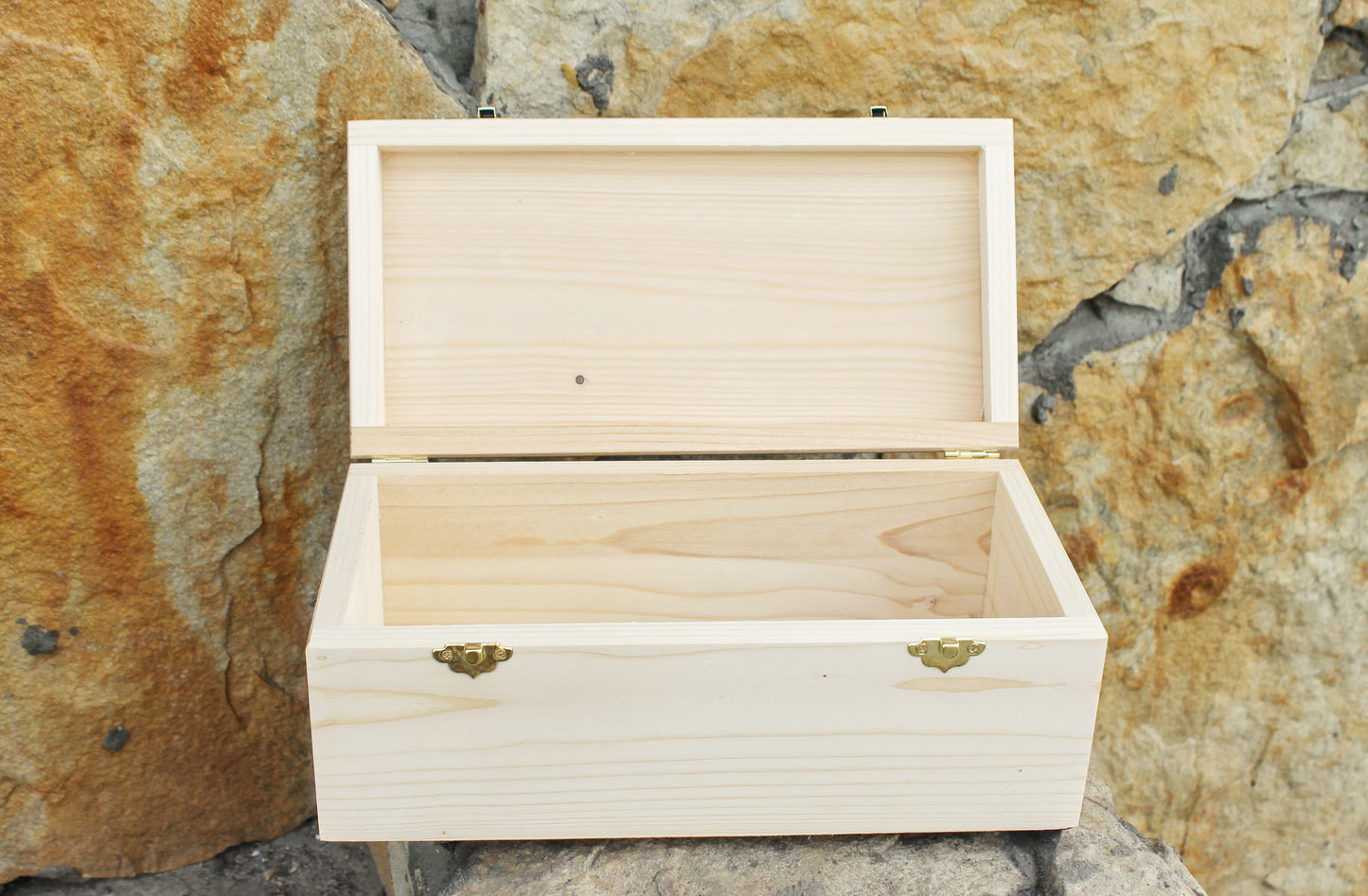 Big wooden rectangular box - unfinished wooden box - 300 mm - 11.6 inch - with lid on hinges - spruce wood