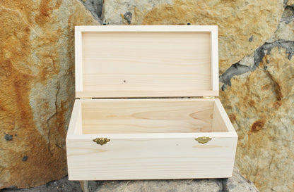 Big wooden rectangular box - unfinished wooden box - 300 mm - 11.6 inch - with lid on hinges - spruce wood