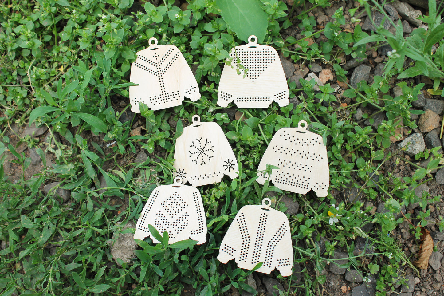 SET OF 6 - Set of Wooden Ugly Sweater Blanks for Embroidery 2.4 inches – Choose 1 to 6 Designs – DIY Cross Stitch Christmas Ornaments