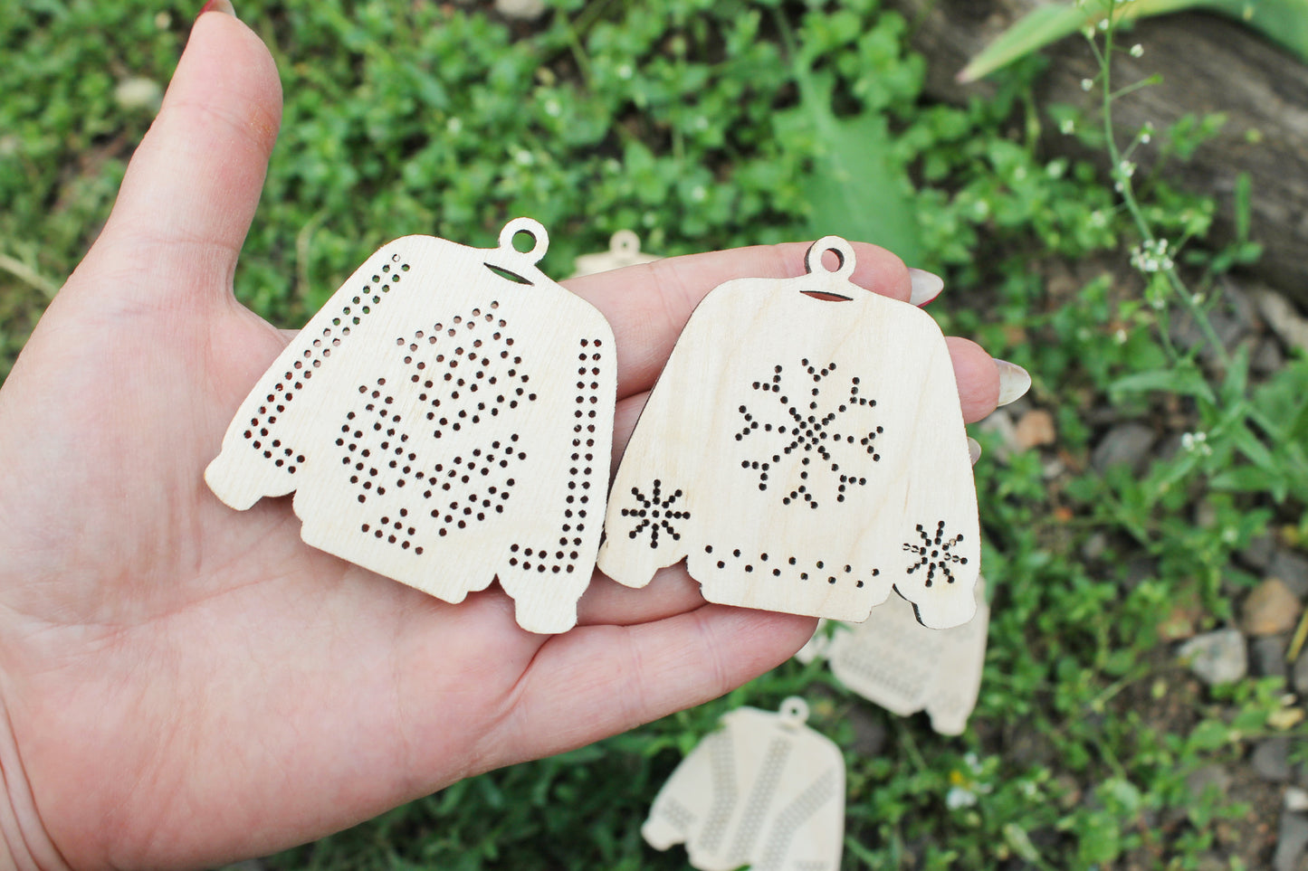 SET OF 6 - Set of Wooden Ugly Sweater Blanks for Embroidery 2.4 inches – Choose 1 to 6 Designs – DIY Cross Stitch Christmas Ornaments