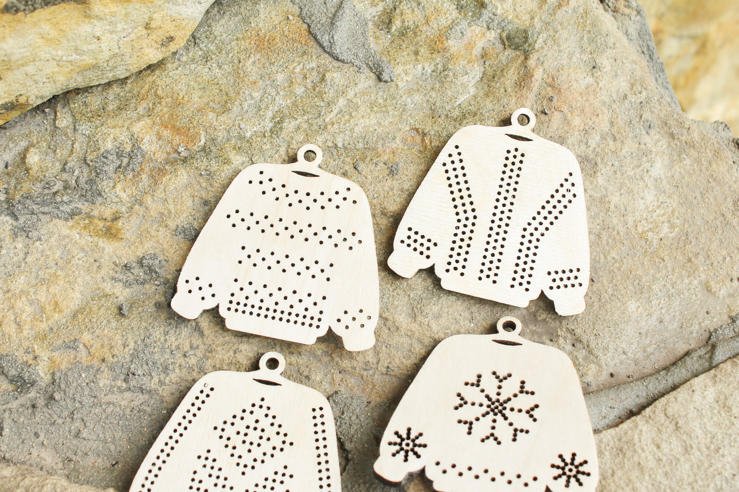 SET OF 6 - Set of Wooden Ugly Sweater Blanks for Embroidery 2.4 inches – Choose 1 to 6 Designs – DIY Cross Stitch Christmas Ornaments