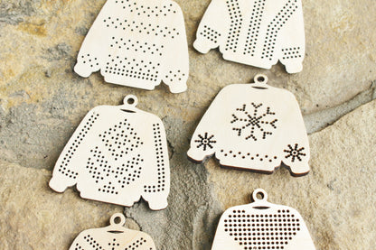 SET OF 6 - Set of Wooden Ugly Sweater Blanks for Embroidery 2.4 inches – Choose 1 to 6 Designs – DIY Cross Stitch Christmas Ornaments