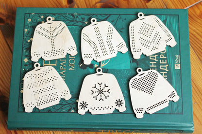 SET OF 6 - Set of Wooden Ugly Sweater Blanks for Embroidery 2.4 inches – Choose 1 to 6 Designs – DIY Cross Stitch Christmas Ornaments