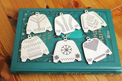 SET OF 6 - Set of Wooden Ugly Sweater Blanks for Embroidery 2.4 inches – Choose 1 to 6 Designs – DIY Cross Stitch Christmas Ornaments