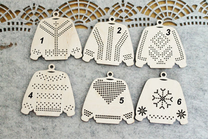 SET OF 6 - Set of Wooden Ugly Sweater Blanks for Embroidery 2.4 inches – Choose 1 to 6 Designs – DIY Cross Stitch Christmas Ornaments