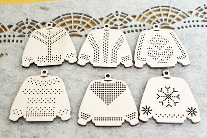 SET OF 6 - Set of Wooden Ugly Sweater Blanks for Embroidery 2.4 inches – Choose 1 to 6 Designs – DIY Cross Stitch Christmas Ornaments