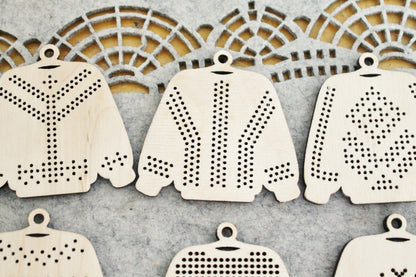 SET OF 6 - Set of Wooden Ugly Sweater Blanks for Embroidery 2.4 inches – Choose 1 to 6 Designs – DIY Cross Stitch Christmas Ornaments