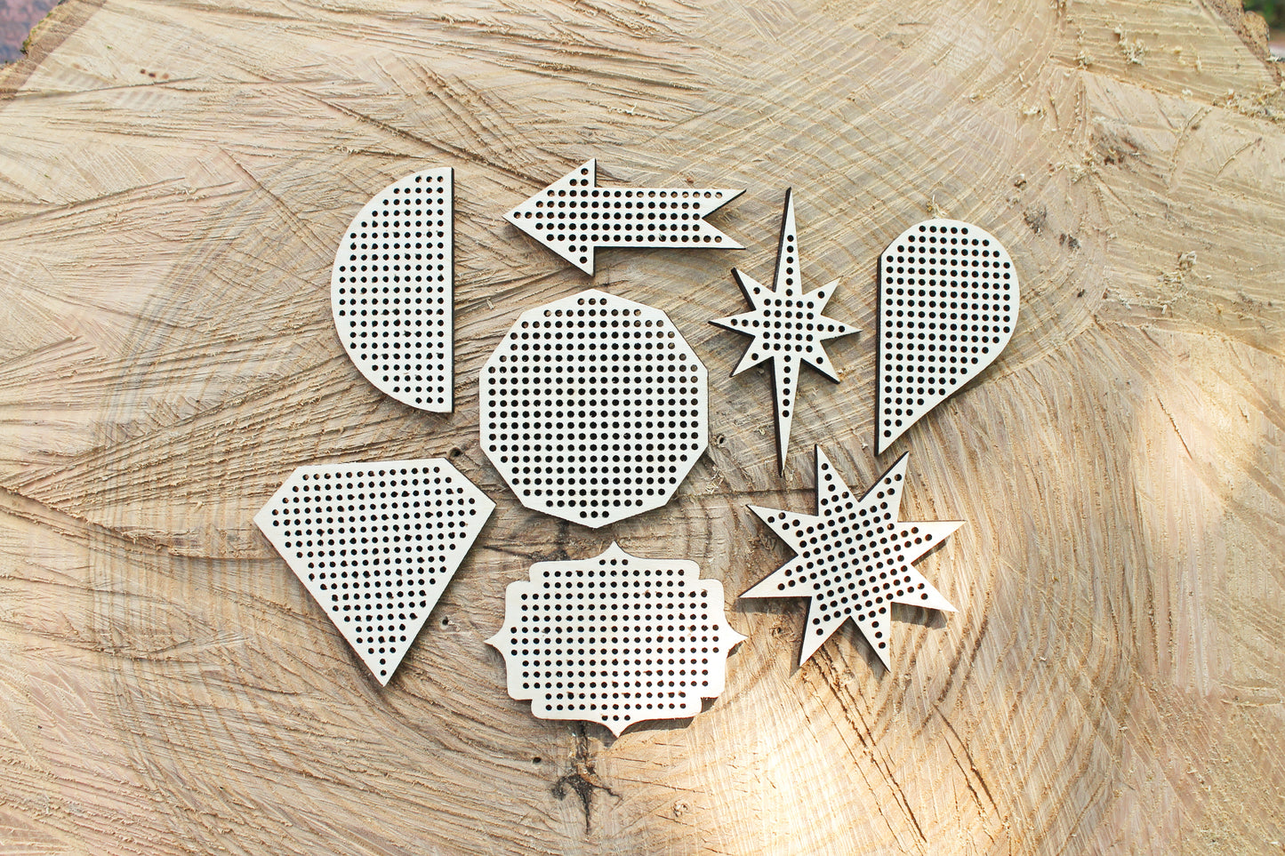 Set of 8 Embroidery Blanks – Laser Cut Wooden Shapes for Stitching Projects - blanks Wood Needlecraft Pendant