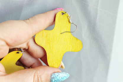 Handmade Yellow Wooden Earrings – Handmade Birch Plywood, Laser Cut, Lightweight Eco-Friendly Jewelry with silver plated hooks - 2.3 inches