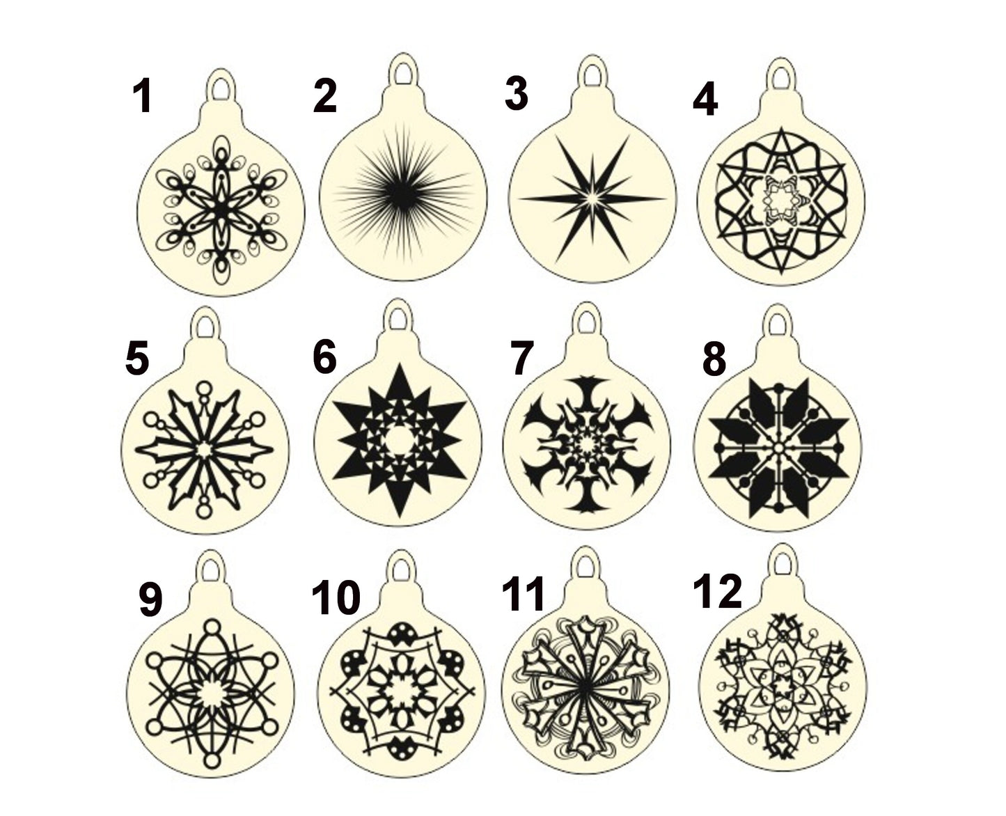 Christmas tree balls - 3.5 inches - 12 variants - cut of high quality plywood - Christmas snowflake ornament, New Year decor - 001